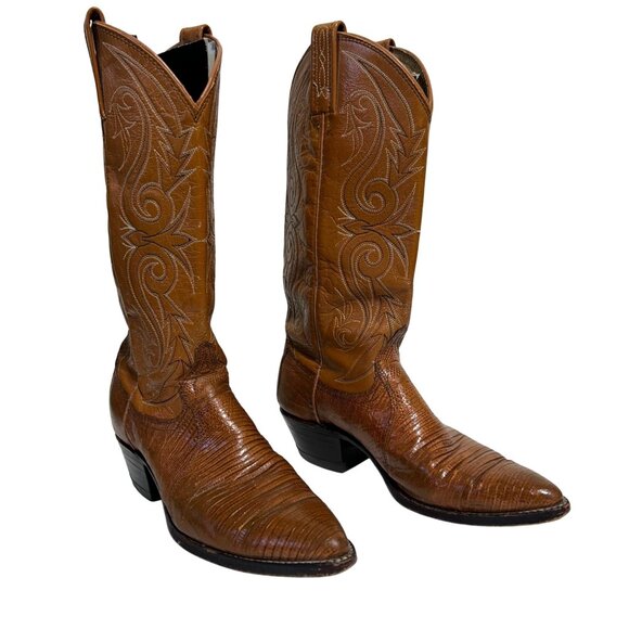 Dan Post Cowboy Boots Womens Sz 8 Brown Leather Made In USA Snakeskin Stitching - Picture 1 of 15